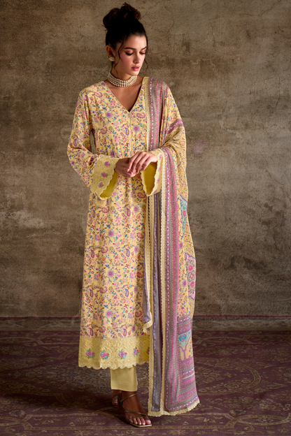 Pure Muslin Salwar Suit with Digital Print & Kashmiri Embroidery