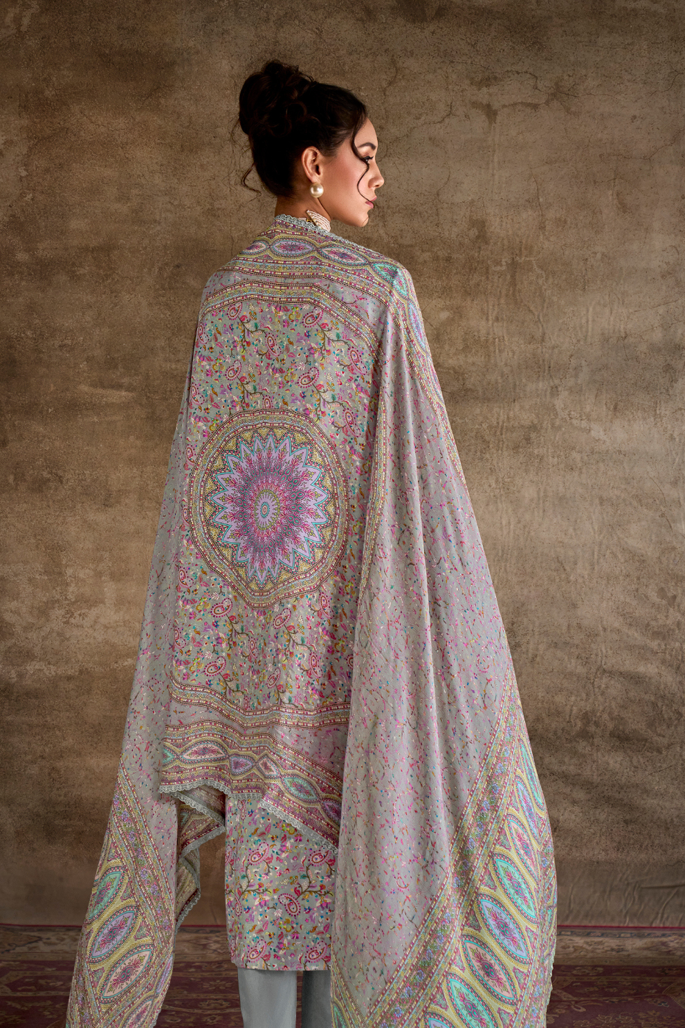 Pure Muslin Salwar Suit with Digital Print & Kashmiri Embroidery