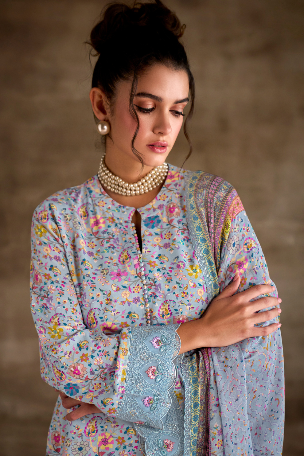 Pure Muslin Salwar Suit with Digital Print & Kashmiri Embroidery