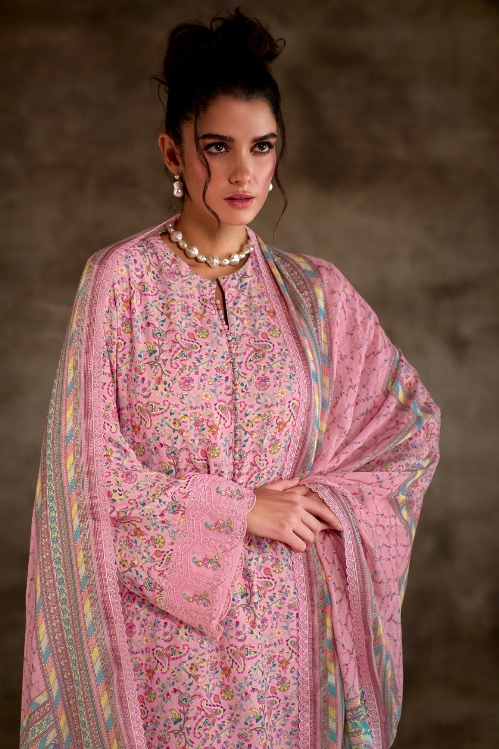 Pure Muslin Salwar Suit with Digital Print & Kashmiri Embroidery