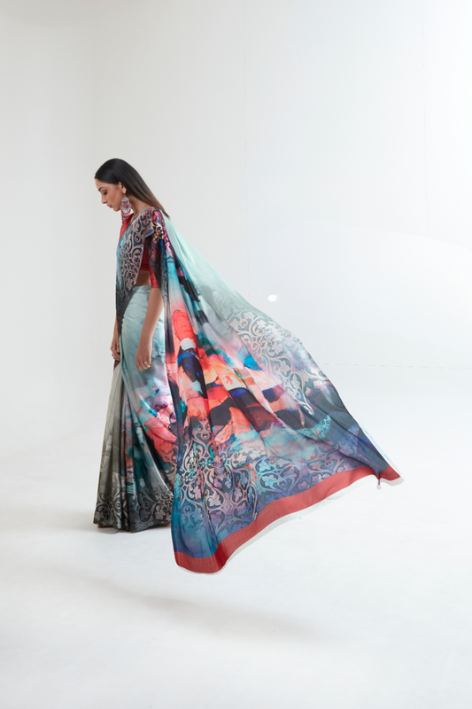 Kouture Digital Satin Silk Saree in Japan Creep Fabric