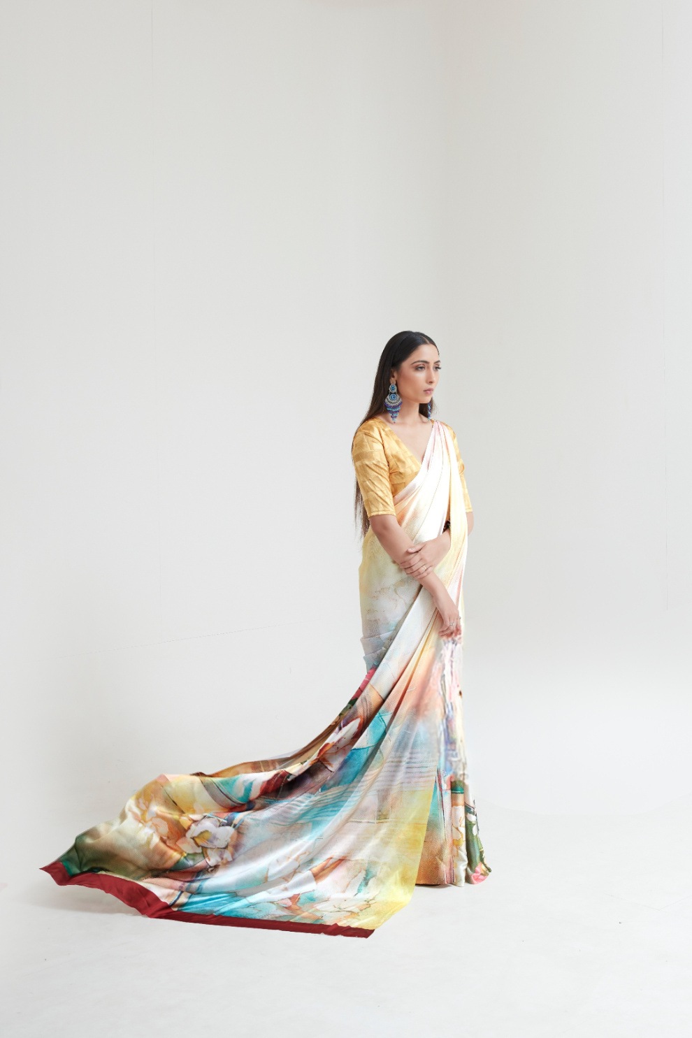 Kouture Digital Satin Silk Saree in Japan Creep Fabric