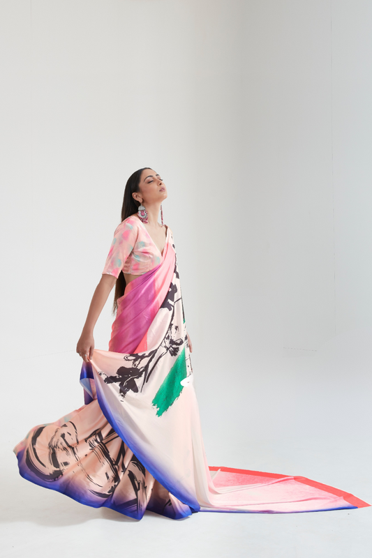 Kouture Digital Satin Silk Saree in Japan Creep Fabric