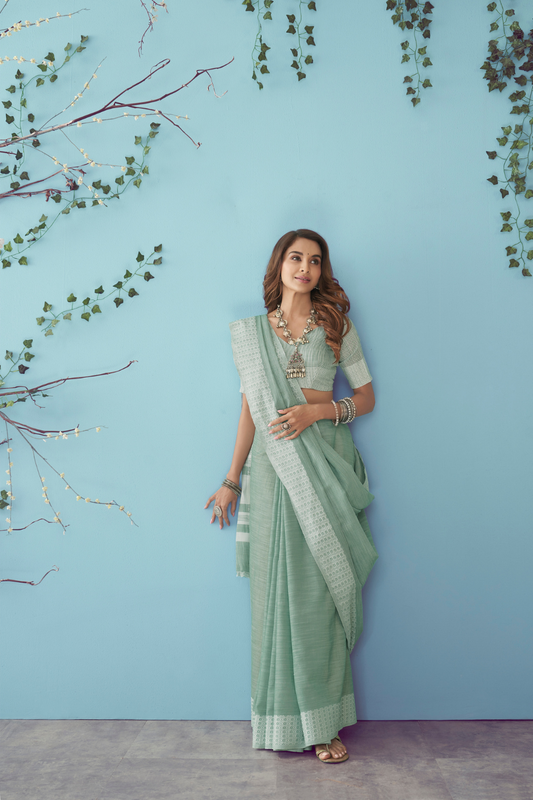 Soft Linen Silk Saree with Chikankari Weaved Border - LaVante Fashion