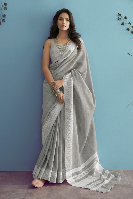 Soft Linen Silk Saree with Chikankari Weaved Border - LaVante Fashion