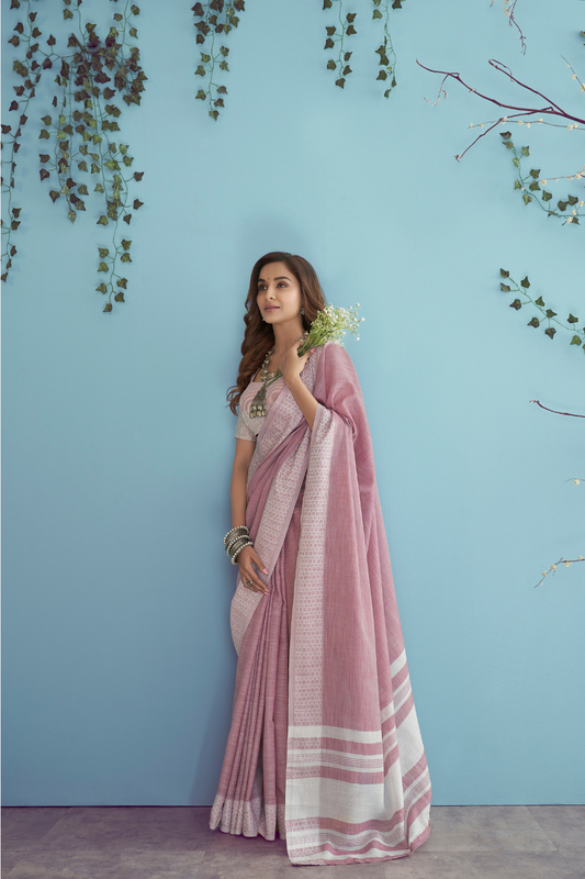 Soft Linen Silk Saree with Chikankari Weaved Border - LaVante Fashion