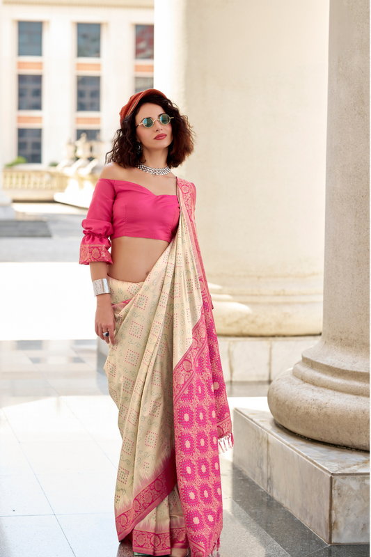 Soft Silk Saree with Ikkat Bandhani Fusion Design - LaVante Fashion