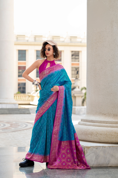Soft Silk Saree with Ikkat Bandhani Fusion Design - LaVante Fashion