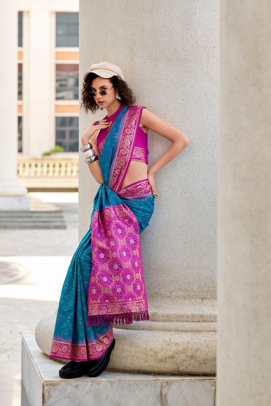 Soft Silk Saree with Ikkat Bandhani Fusion Design - LaVante Fashion