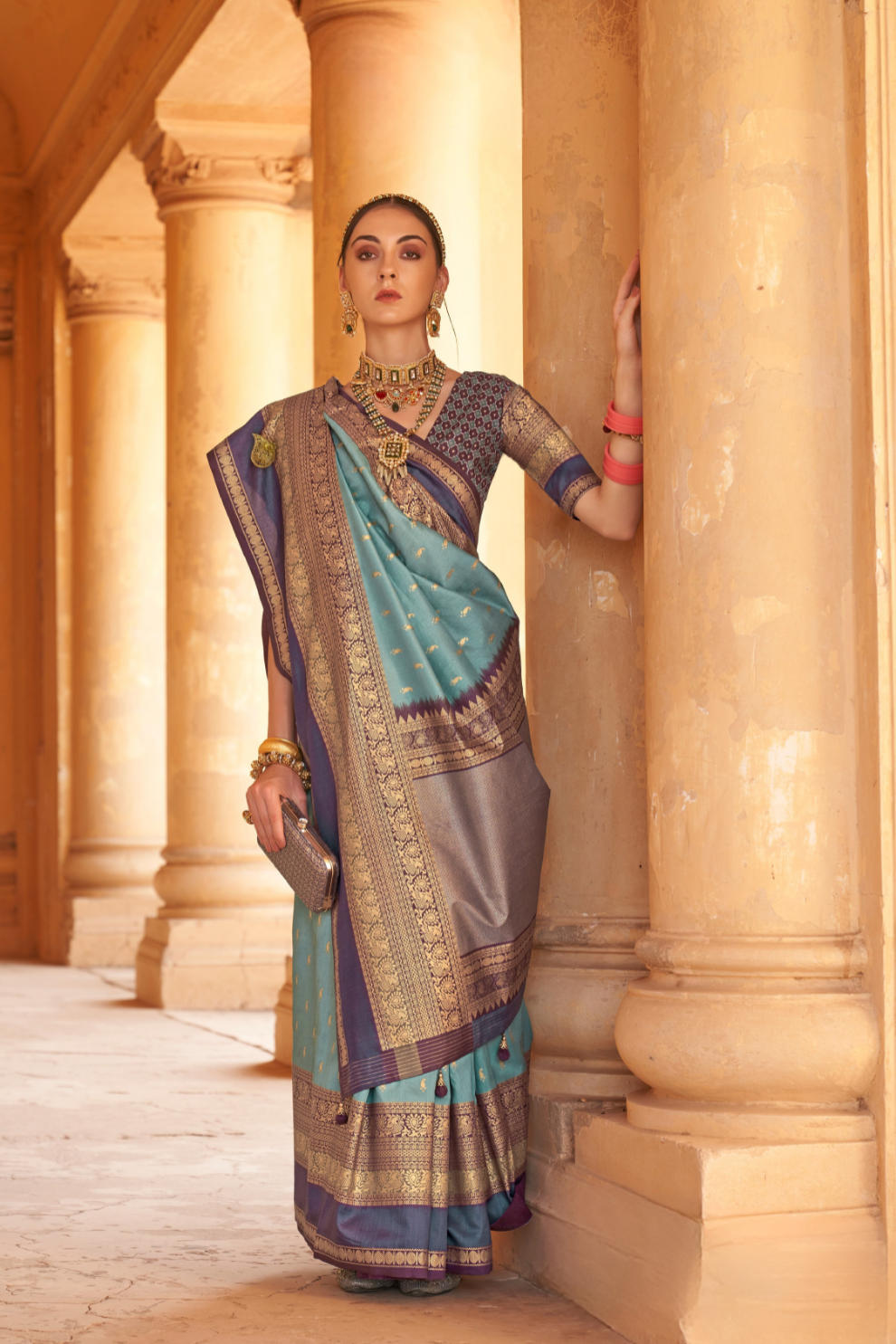 Kanjivaram Style Silk Saree with Designer Brooch and Clutch