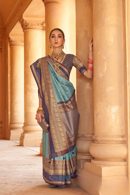 Kanjivaram Style Silk Saree with Designer Brooch and Clutch