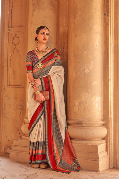 Kanjivaram Style Silk Saree with Designer Brooch and Clutch