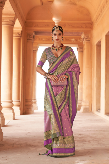 Kanjivaram Style Silk Saree with Designer Brooch and Clutch