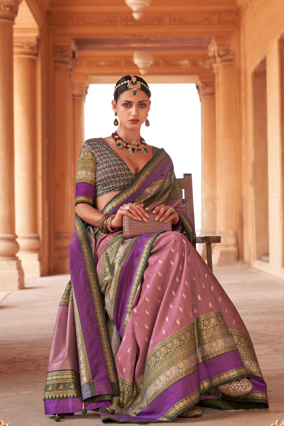 Kanjivaram Style Silk Saree with Designer Brooch and Clutch