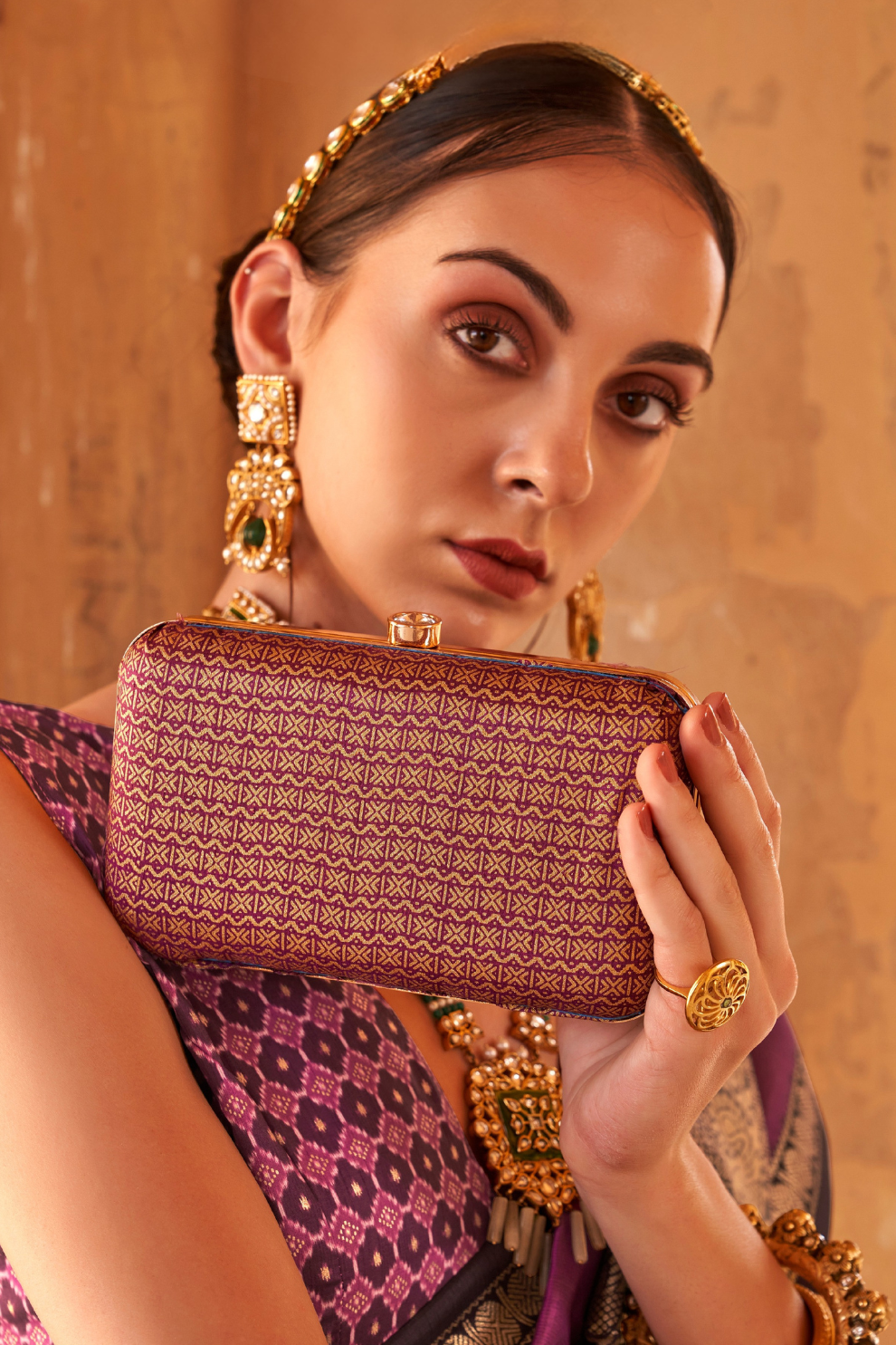 Kanjivaram Style Silk Saree with Designer Brooch and Clutch