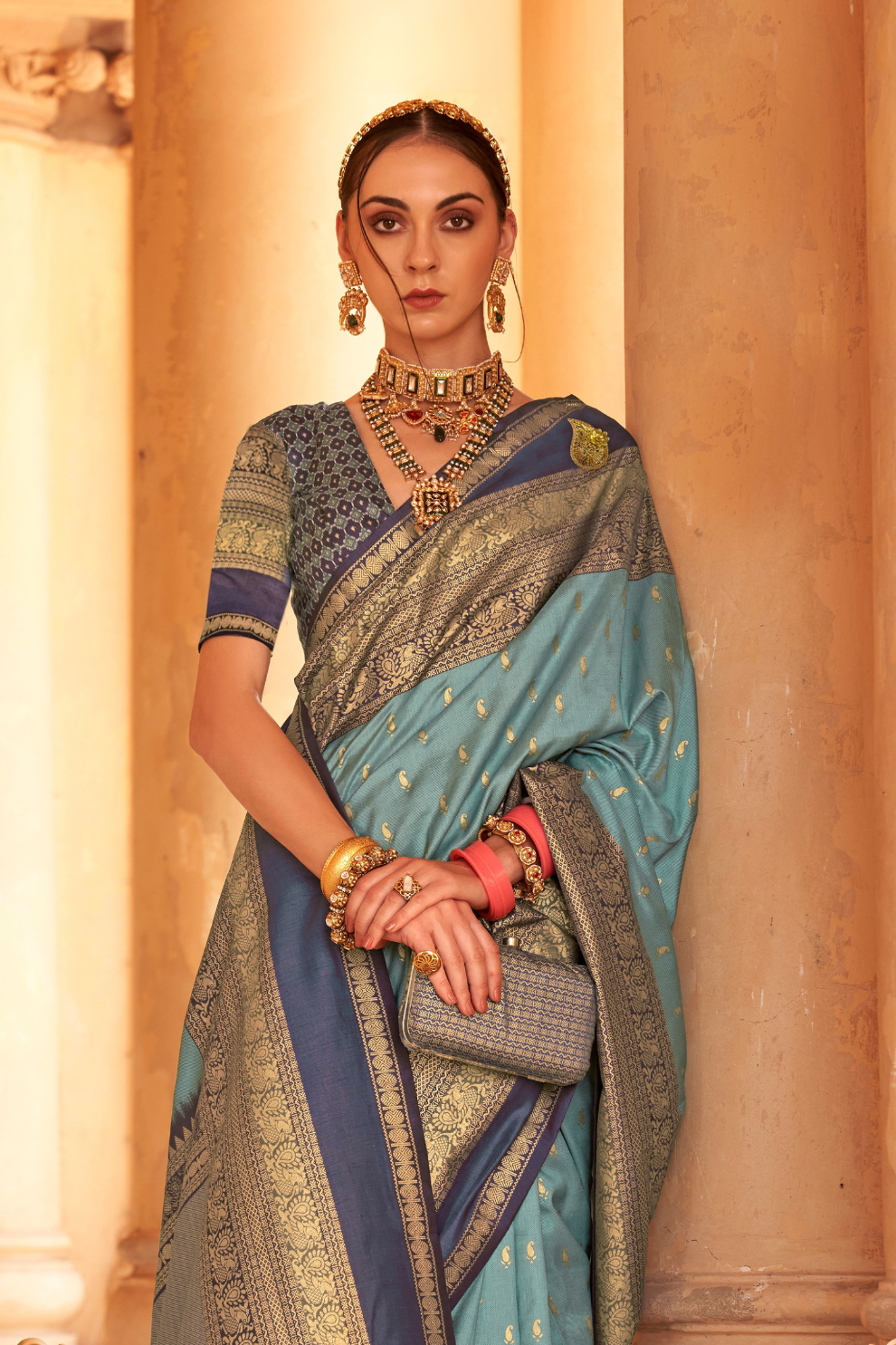 Kanjivaram Style Silk Saree with Designer Brooch and Clutch