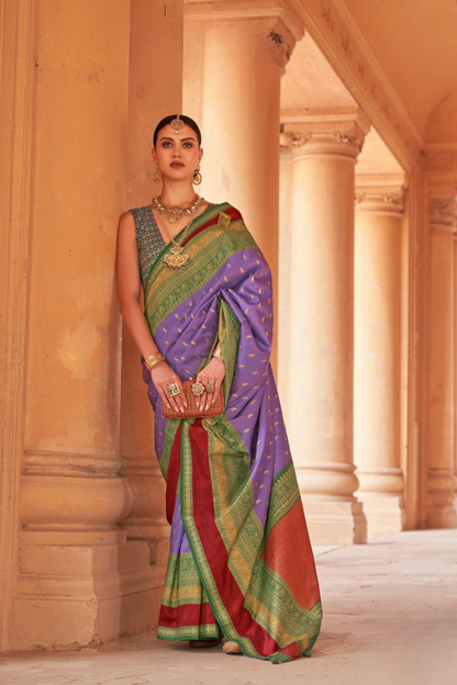 Kanjivaram Style Silk Saree with Designer Brooch and Clutch