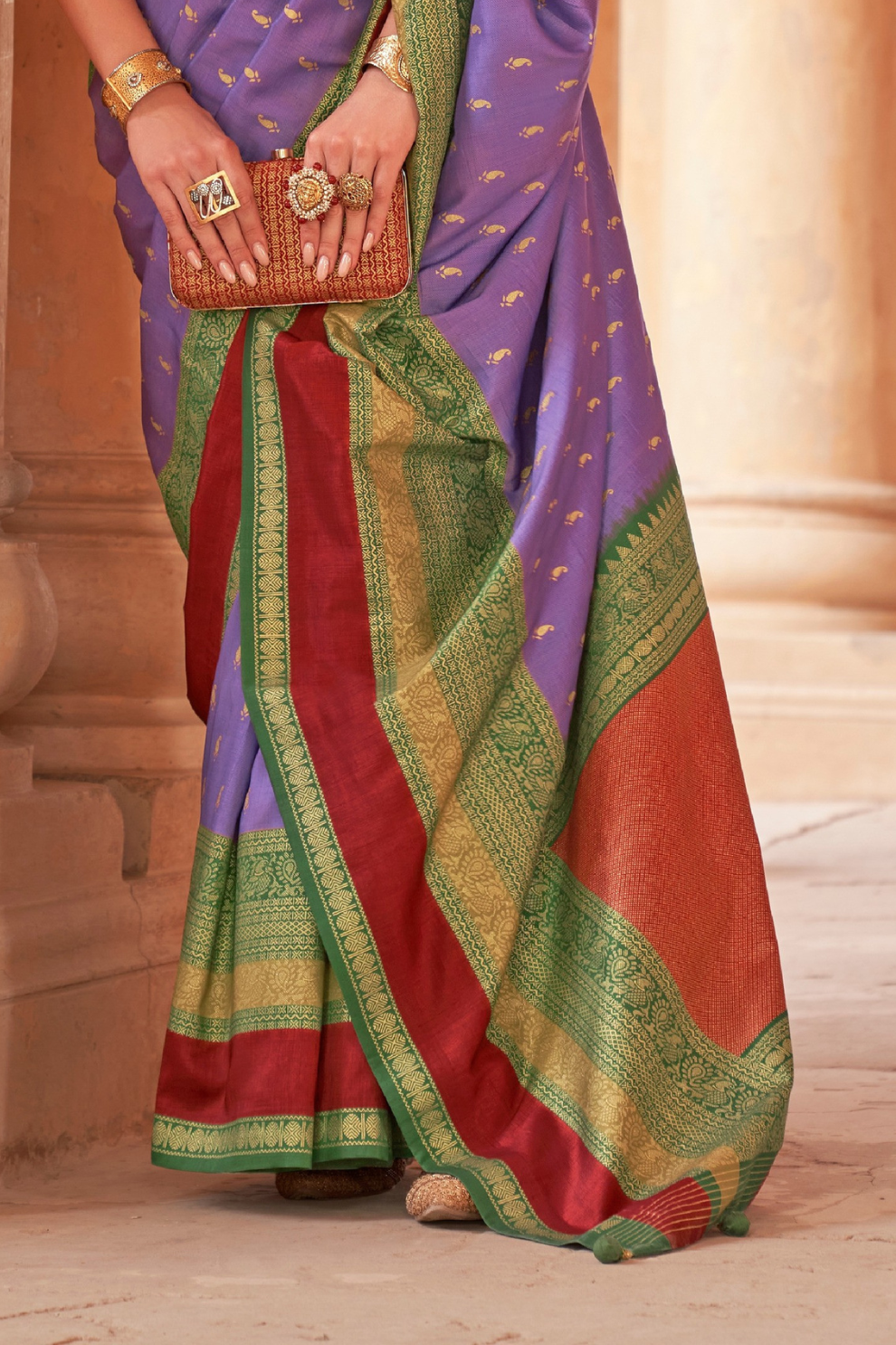 Kanjivaram Style Silk Saree with Designer Brooch and Clutch