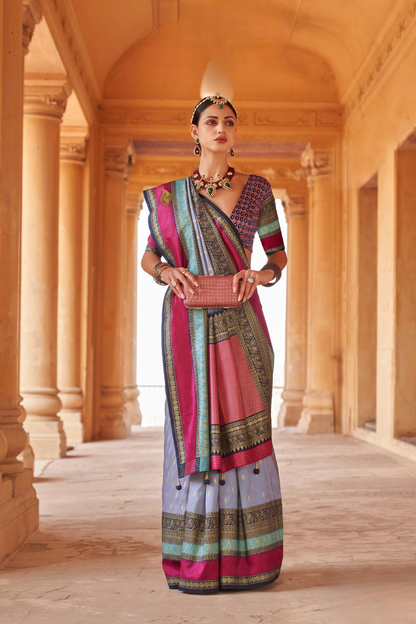 Kanjivaram Style Silk Saree with Designer Brooch and Clutch