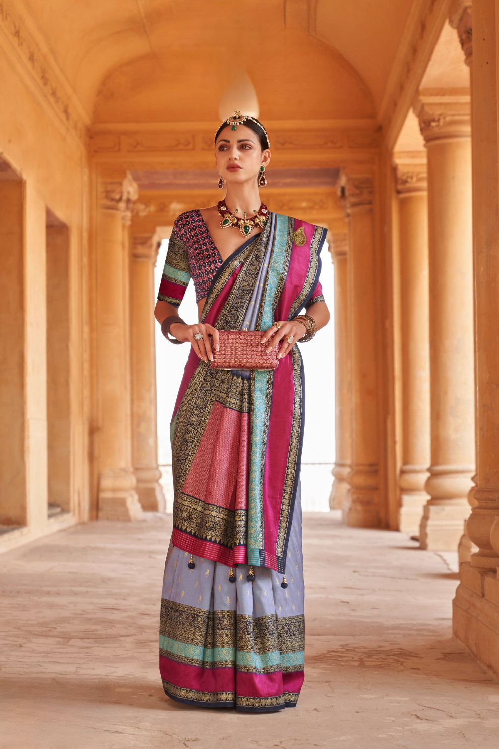 Kanjivaram Style Silk Saree with Designer Brooch and Clutch