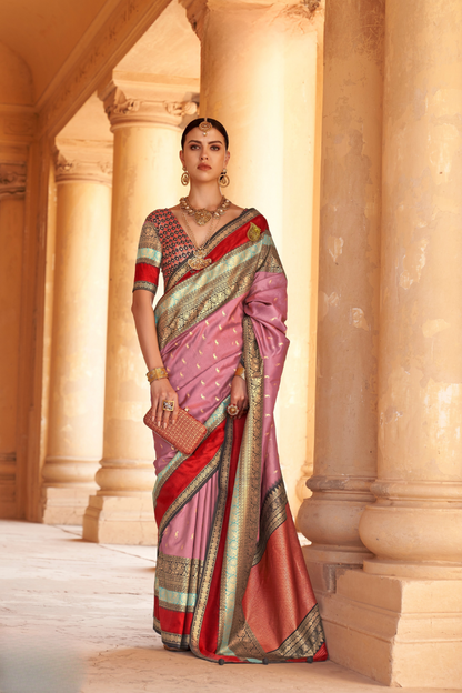 Kanjivaram Style Silk Saree with Designer Brooch and Clutch