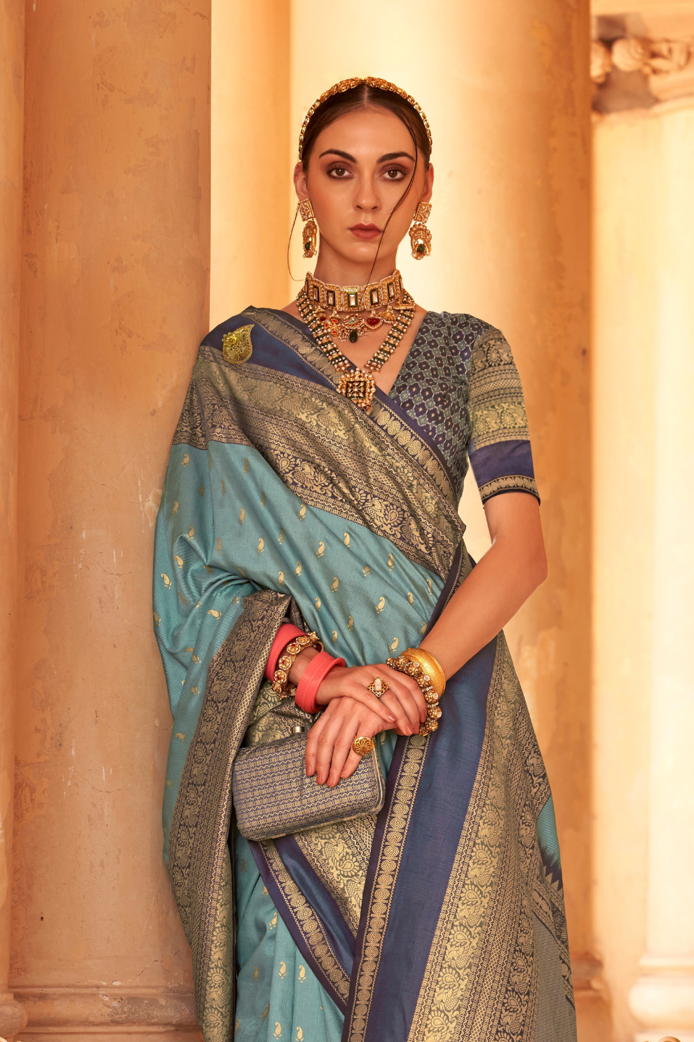 Kanjivaram Style Silk Saree with Designer Brooch and Clutch