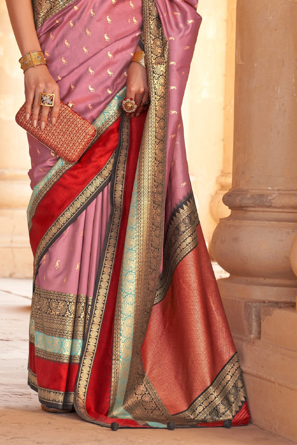 Kanjivaram Style Silk Saree with Designer Brooch and Clutch