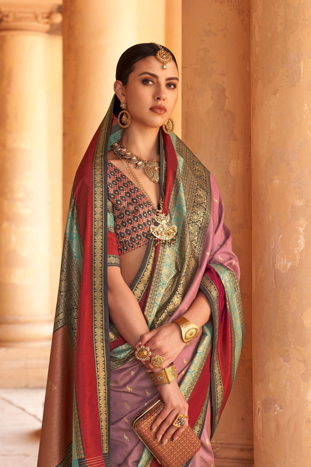 Kanjivaram Style Silk Saree with Designer Brooch and Clutch