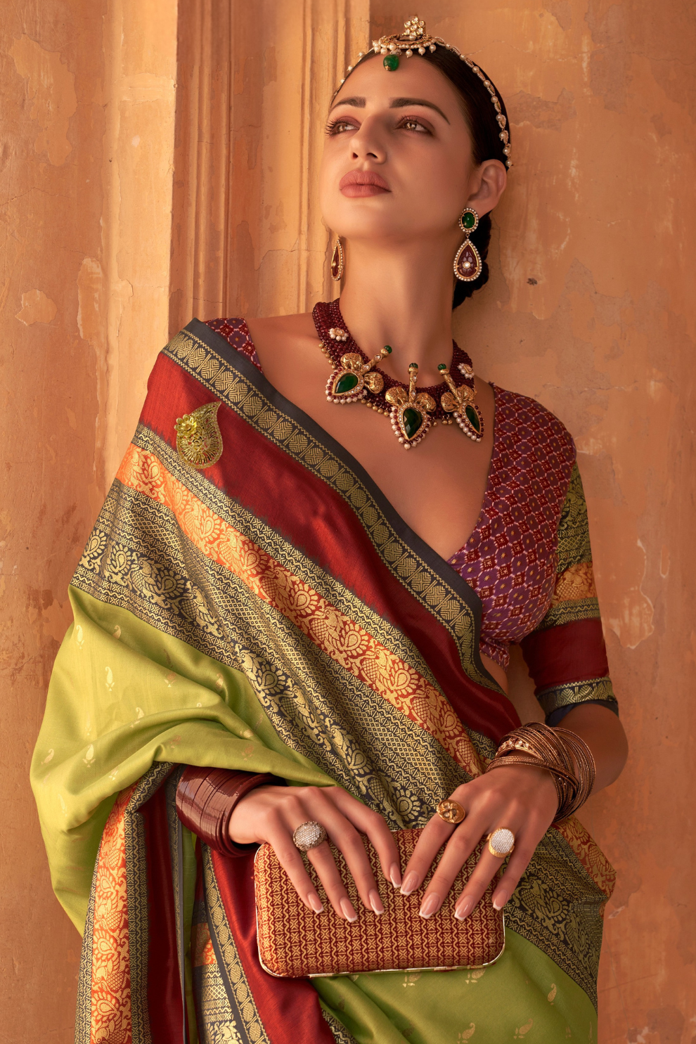 Kanjivaram Style Silk Saree with Designer Brooch and Clutch