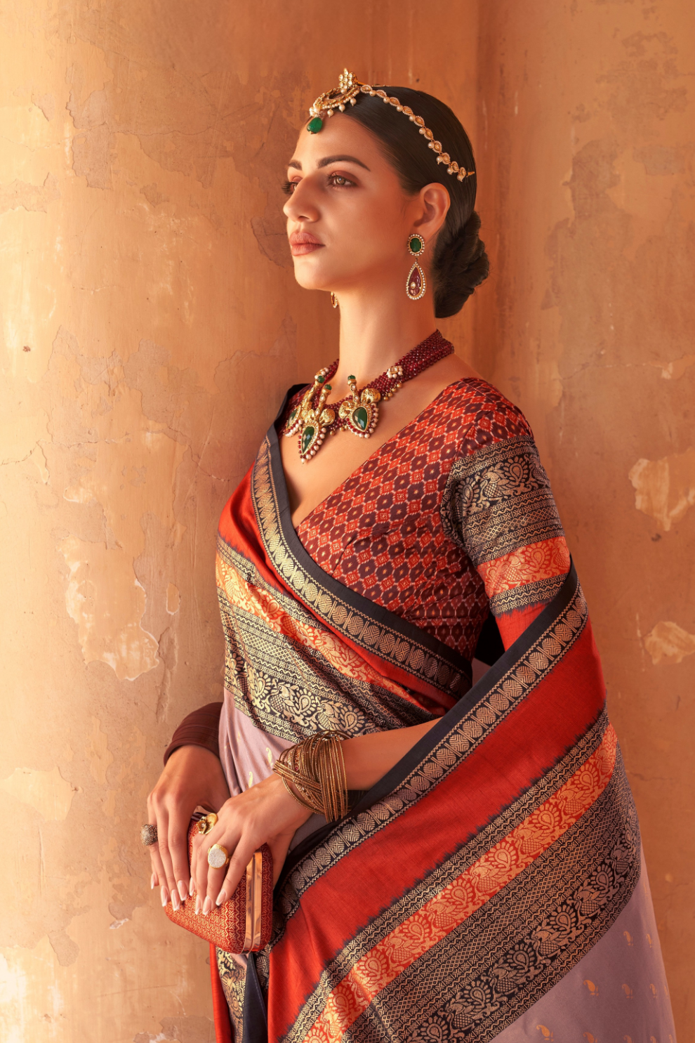 Kanjivaram Style Silk Saree with Designer Brooch and Clutch