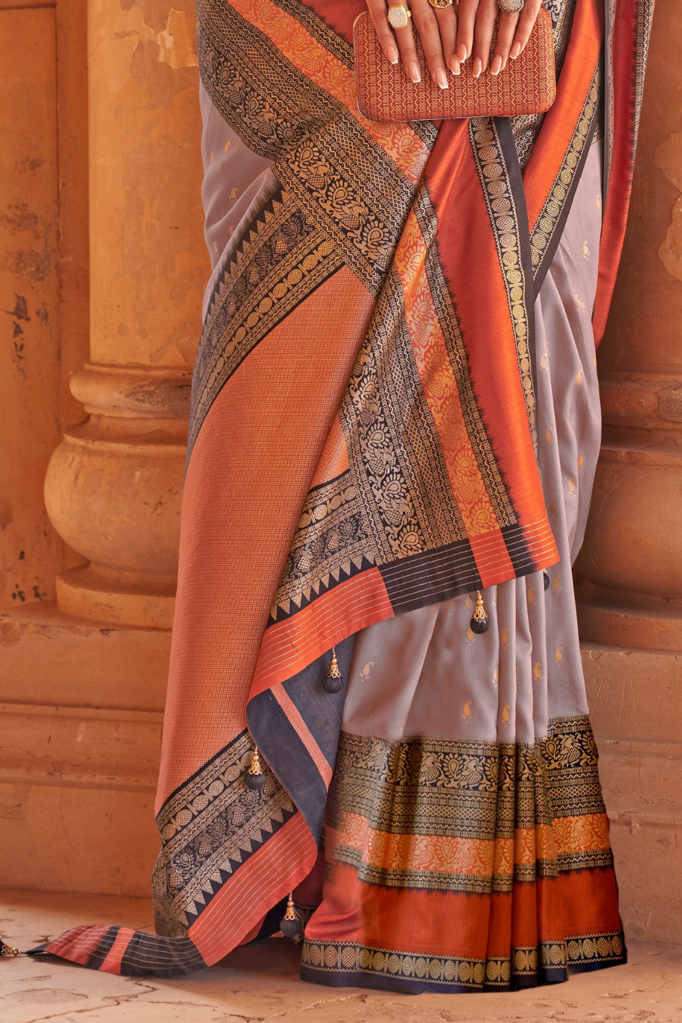 Kanjivaram Style Silk Saree with Designer Brooch and Clutch