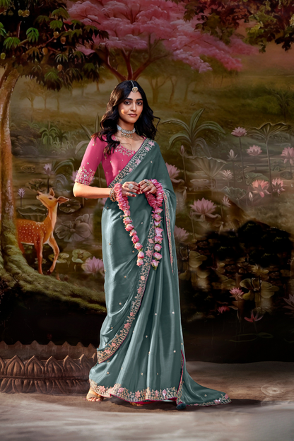 Dolla Silk Embroidered Wedding Saree with Contrast Blouse Design