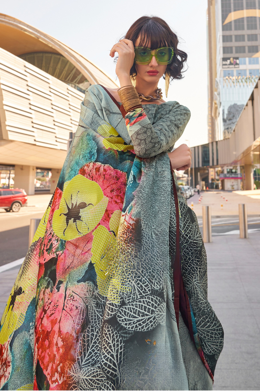 Stylish Swiss Satin Saree with Premium Digital Artwork Prints