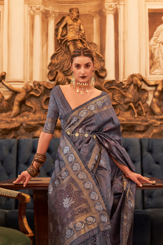 Woven Tussar Silk Saree with Elegant Sequins Work