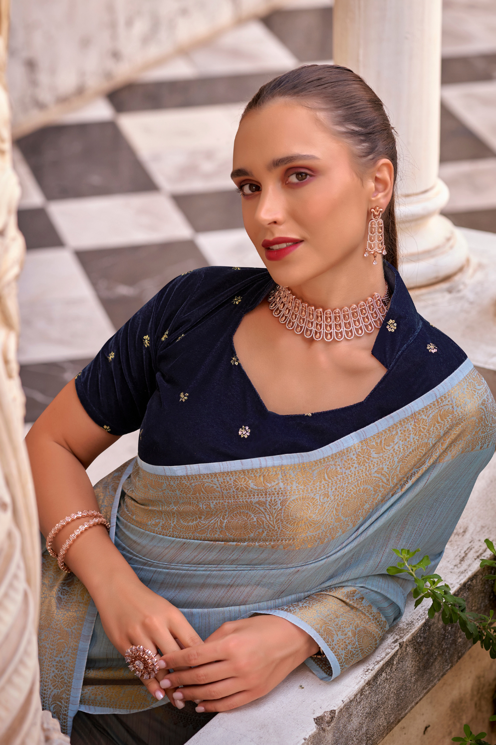 Elegant Tissue Linen Drape with Rich Velvet Contrast Blouse - LaVante Fashion