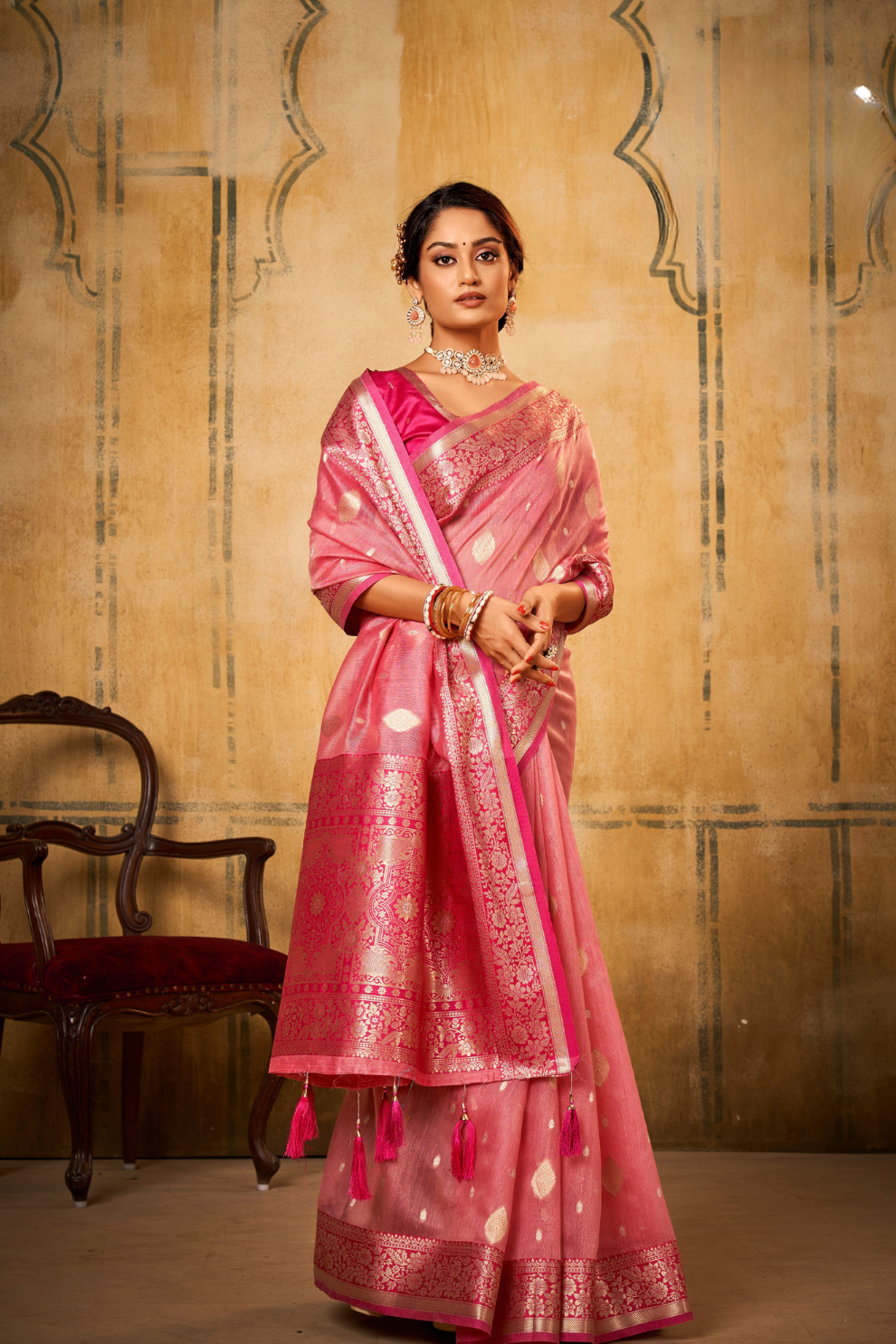 Tissue Silk Elegance Draped in a Striking Contrast Border