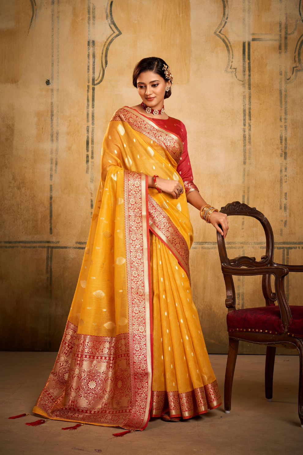 Tissue Silk Elegance Draped in a Striking Contrast Border