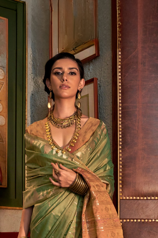 Tussar Silk Saree with Ikkat Pallu and Contrast Blouse