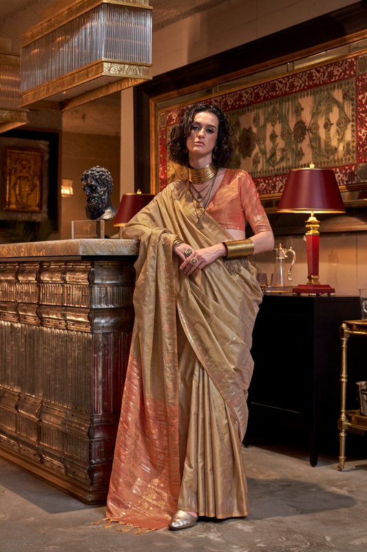 Tussar Silk Saree with Ikkat Pallu and Contrast Blouse