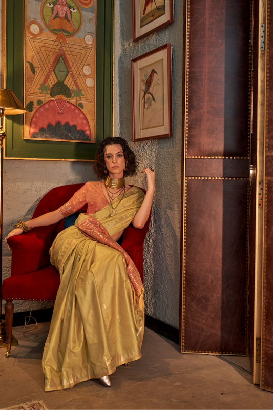 Tussar Silk Saree with Ikkat Pallu and Contrast Blouse