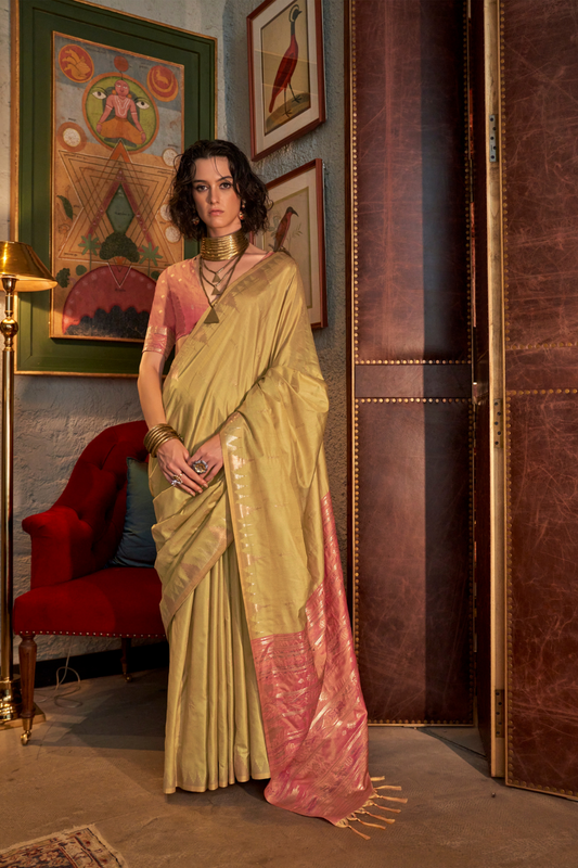 Tussar Silk Saree with Ikkat Pallu and Contrast Blouse