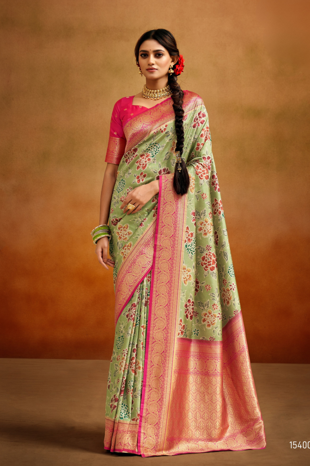 Tusser Silk Saree with Kalamkari Print & Banarasi Zari Border