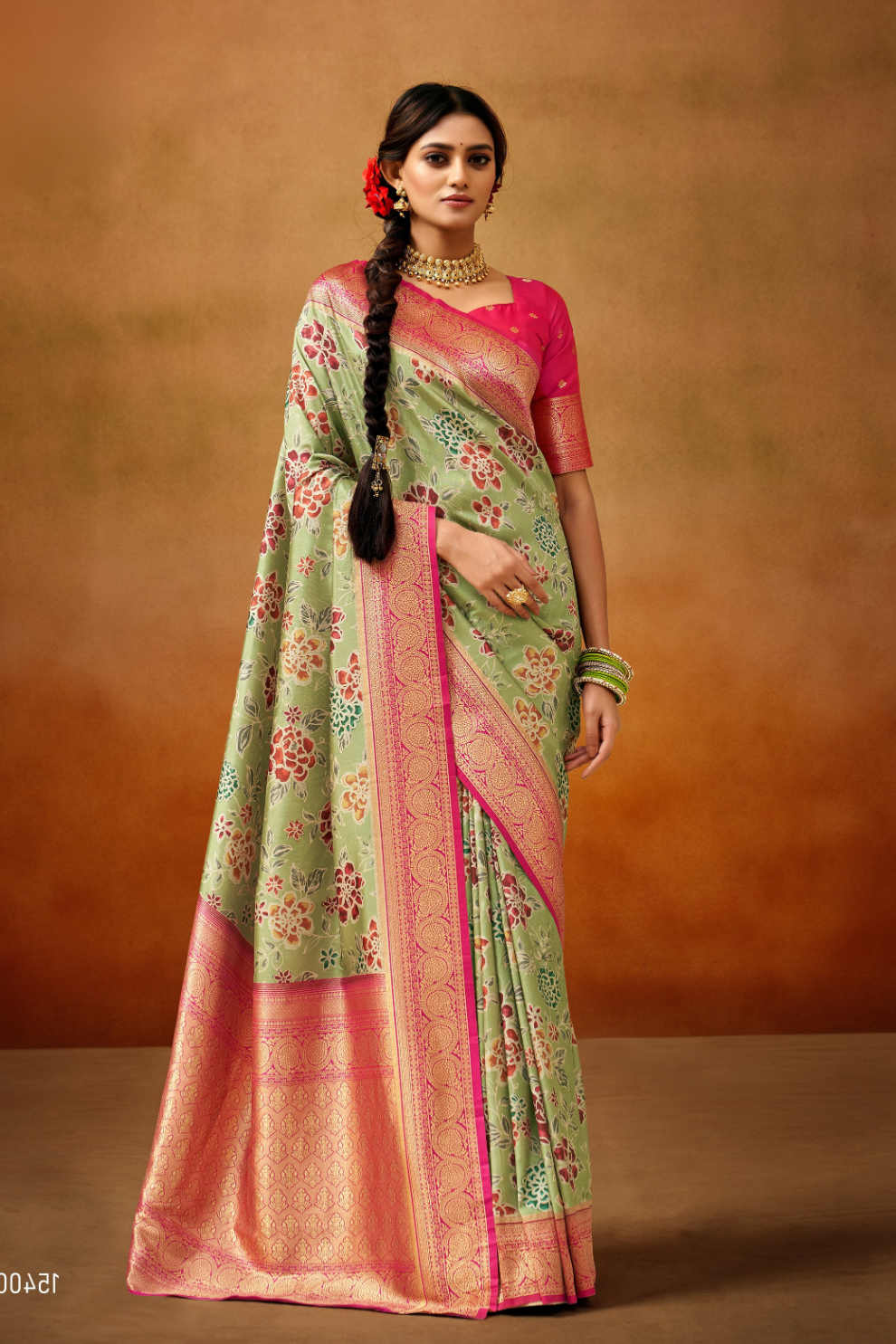 Tusser Silk Saree with Kalamkari Print & Banarasi Zari Border