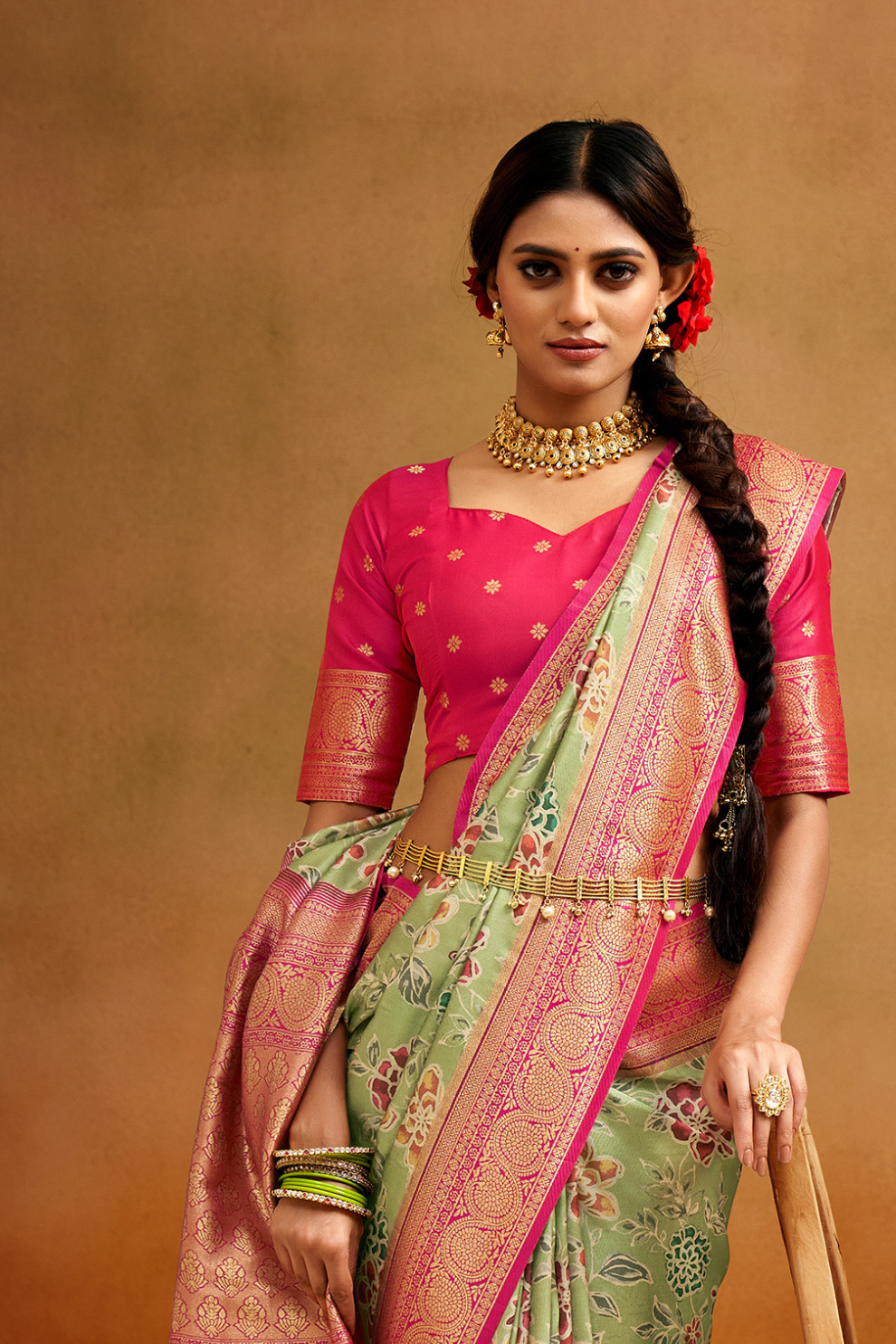 Tusser Silk Saree with Kalamkari Print & Banarasi Zari Border