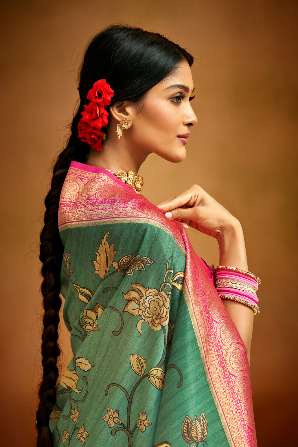 Tusser Silk Saree with Kalamkari Print & Banarasi Zari Border