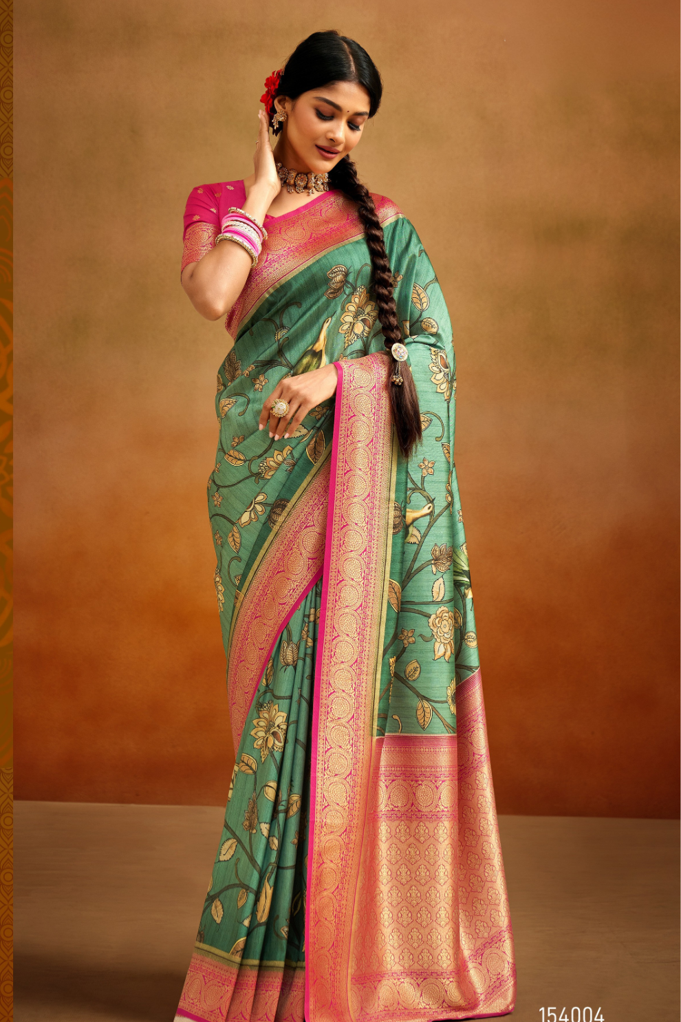 Tusser Silk Saree with Kalamkari Print & Banarasi Zari Border