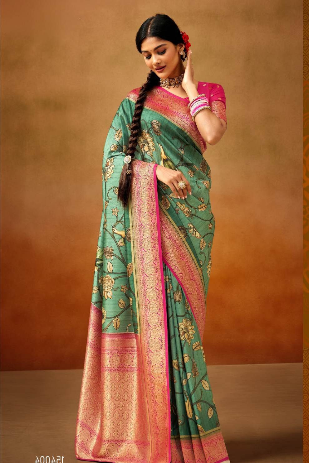 Tusser Silk Saree with Kalamkari Print & Banarasi Zari Border