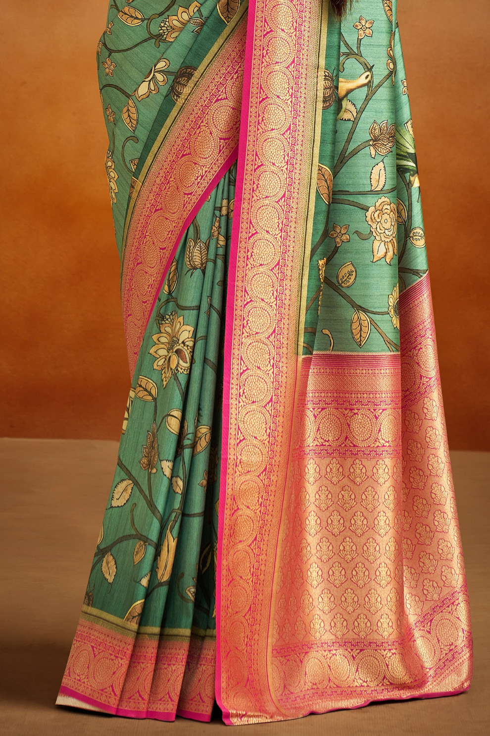 Tusser Silk Saree with Kalamkari Print & Banarasi Zari Border