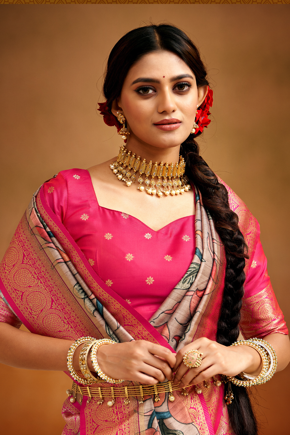 Tusser Silk Saree with Kalamkari Print & Banarasi Zari Border