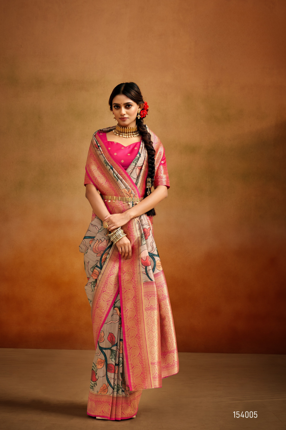 Tusser Silk Saree with Kalamkari Print & Banarasi Zari Border
